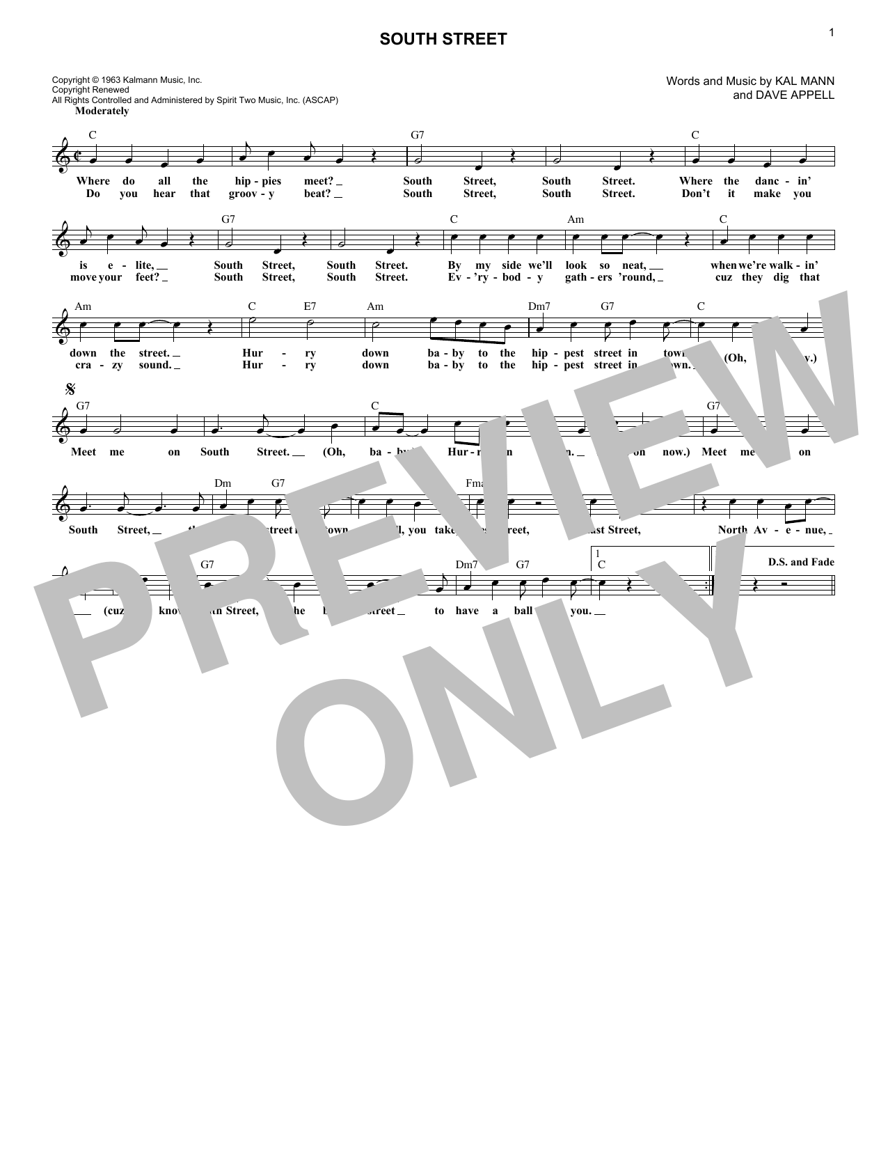 Orlons South Street Sheet Music Notes & Chords for Melody Line, Lyrics & Chords - Download or Print PDF