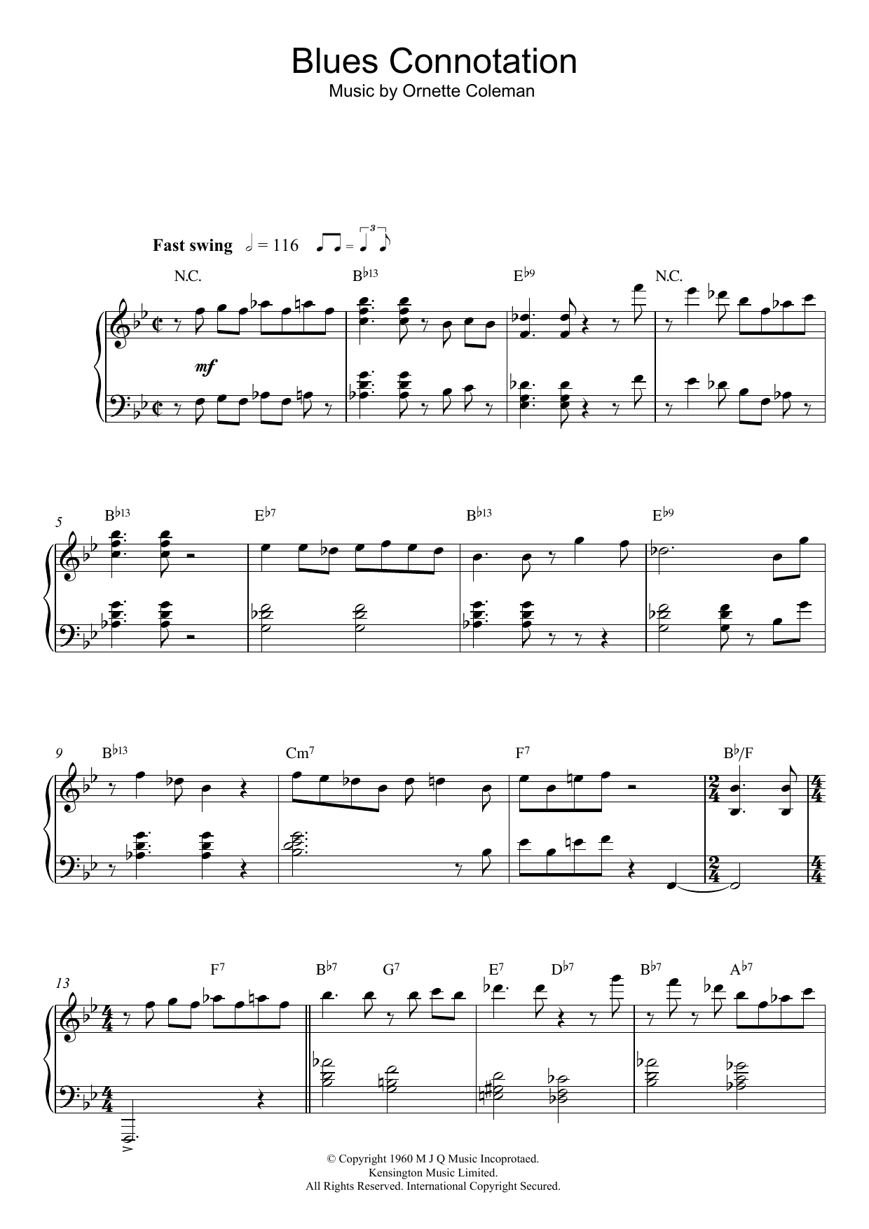 Ornette Coleman Blues Connotation Sheet Music Notes & Chords for Piano - Download or Print PDF