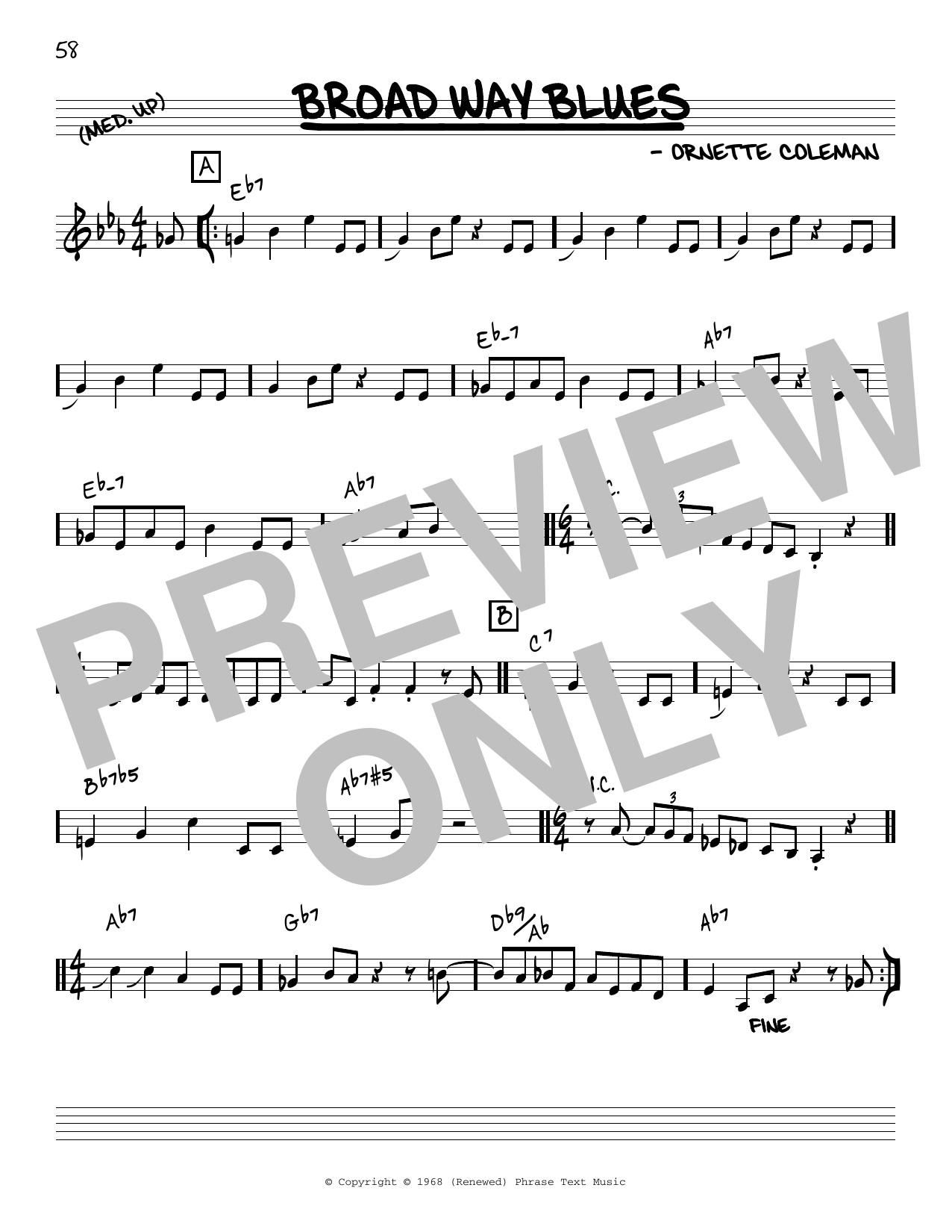 Ornette Coleman Broad Way Blues [Reharmonized version] (arr. Jack Grassel) Sheet Music Notes & Chords for Real Book – Melody & Chords - Download or Print PDF