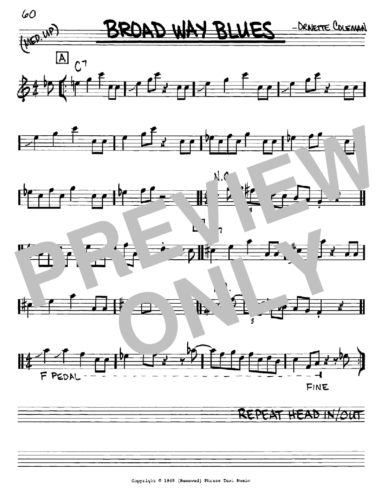 Ornette Coleman Broad Way Blues Sheet Music Notes & Chords for Real Book - Melody & Chords - Bb Instruments - Download or Print PDF