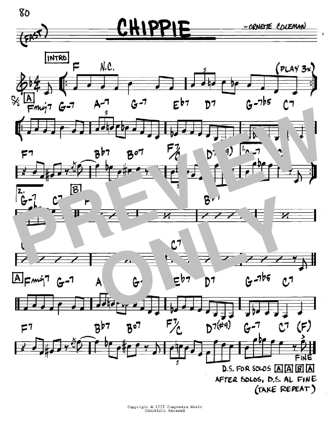 Ornette Coleman Chippie Sheet Music Notes & Chords for Real Book - Melody & Chords - Bb Instruments - Download or Print PDF