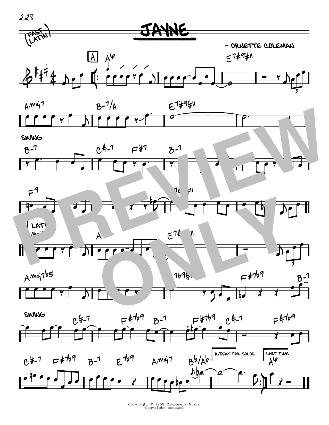 Ornette Coleman Jayne Sheet Music Notes & Chords for Real Book – Melody & Chords - Download or Print PDF