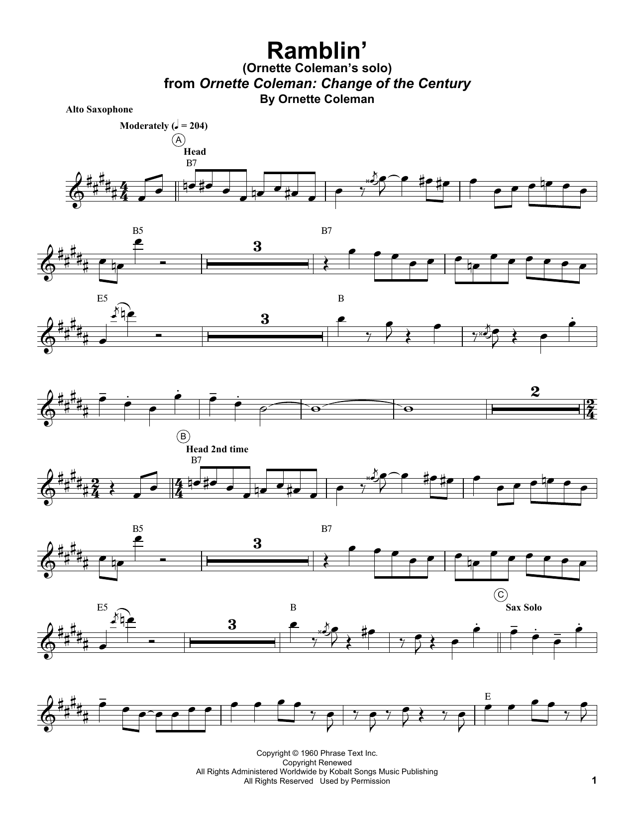 Ornette Coleman Ramblin' Sheet Music Notes & Chords for Alto Sax Transcription - Download or Print PDF