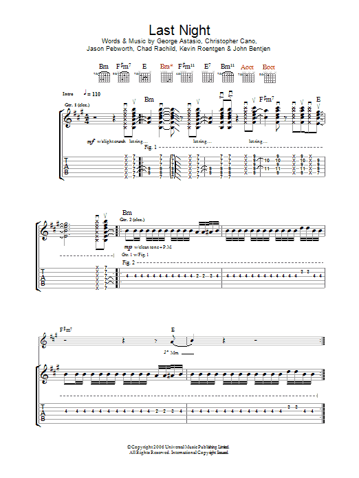 Orson Last Night Sheet Music Notes & Chords for Guitar Tab - Download or Print PDF