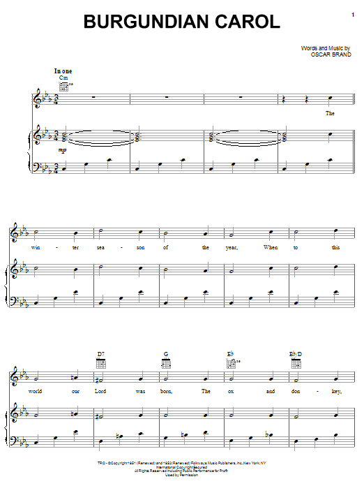 Oscar Brand Burgundian Carol Sheet Music Notes & Chords for Piano, Vocal & Guitar (Right-Hand Melody) - Download or Print PDF