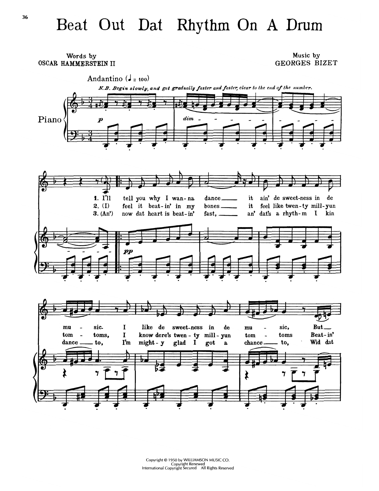 Oscar Hammerstein II & Georges Bizet Beat Out Dat Rhythm On A Drum (from Carmen Jones) Sheet Music Notes & Chords for Piano, Vocal & Guitar Chords (Right-Hand Melody) - Download or Print PDF