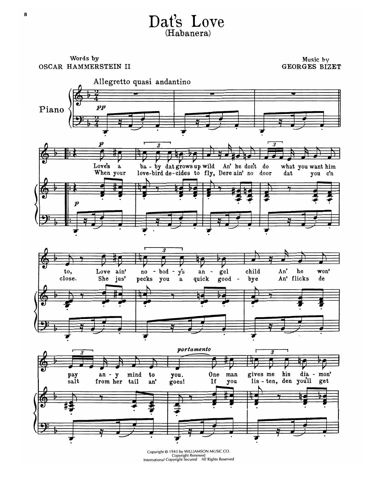 Oscar Hammerstein II & Georges Bizet Dat's Love (Habanera) (from Carmen Jones) Sheet Music Notes & Chords for Piano, Vocal & Guitar Chords (Right-Hand Melody) - Download or Print PDF