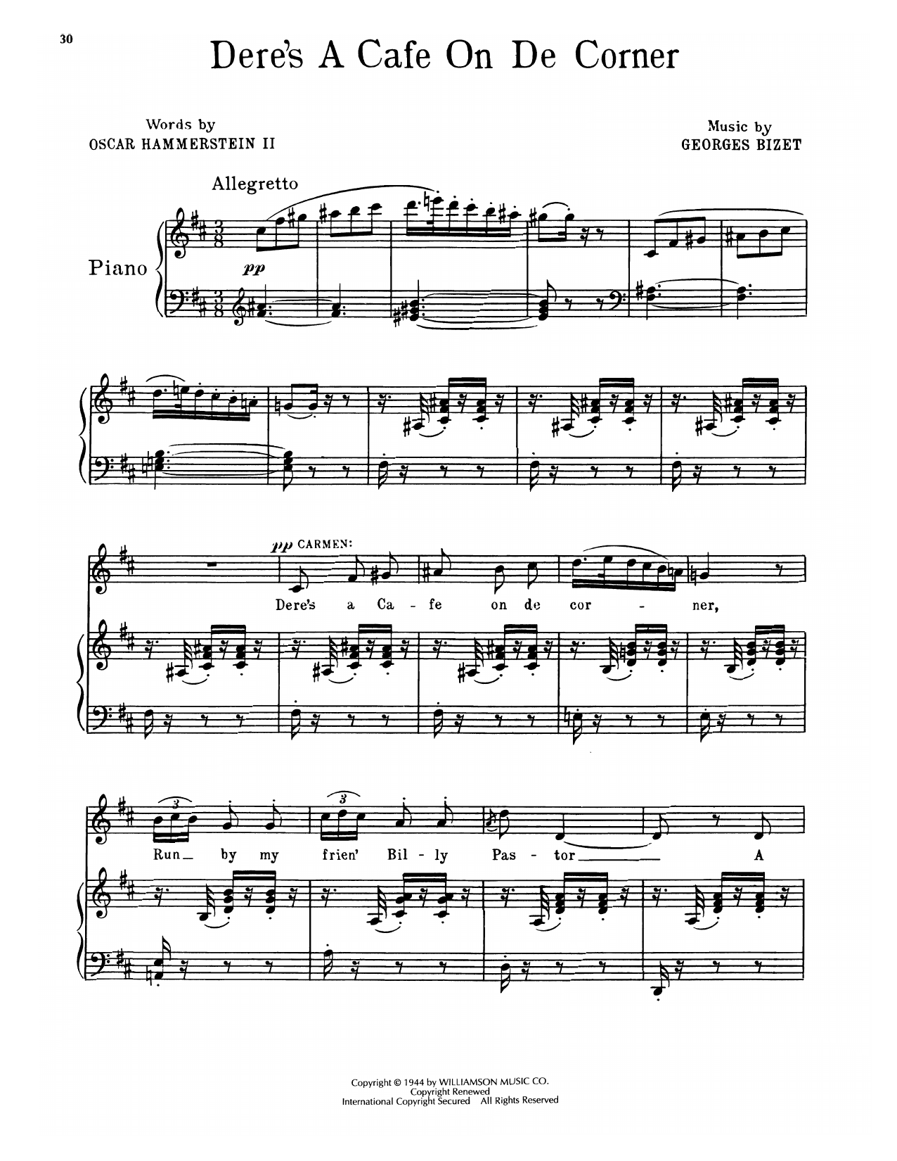 Oscar Hammerstein II & Georges Bizet Dere's A Cafe On De Corner (from Carmen Jones) Sheet Music Notes & Chords for Piano, Vocal & Guitar Chords (Right-Hand Melody) - Download or Print PDF