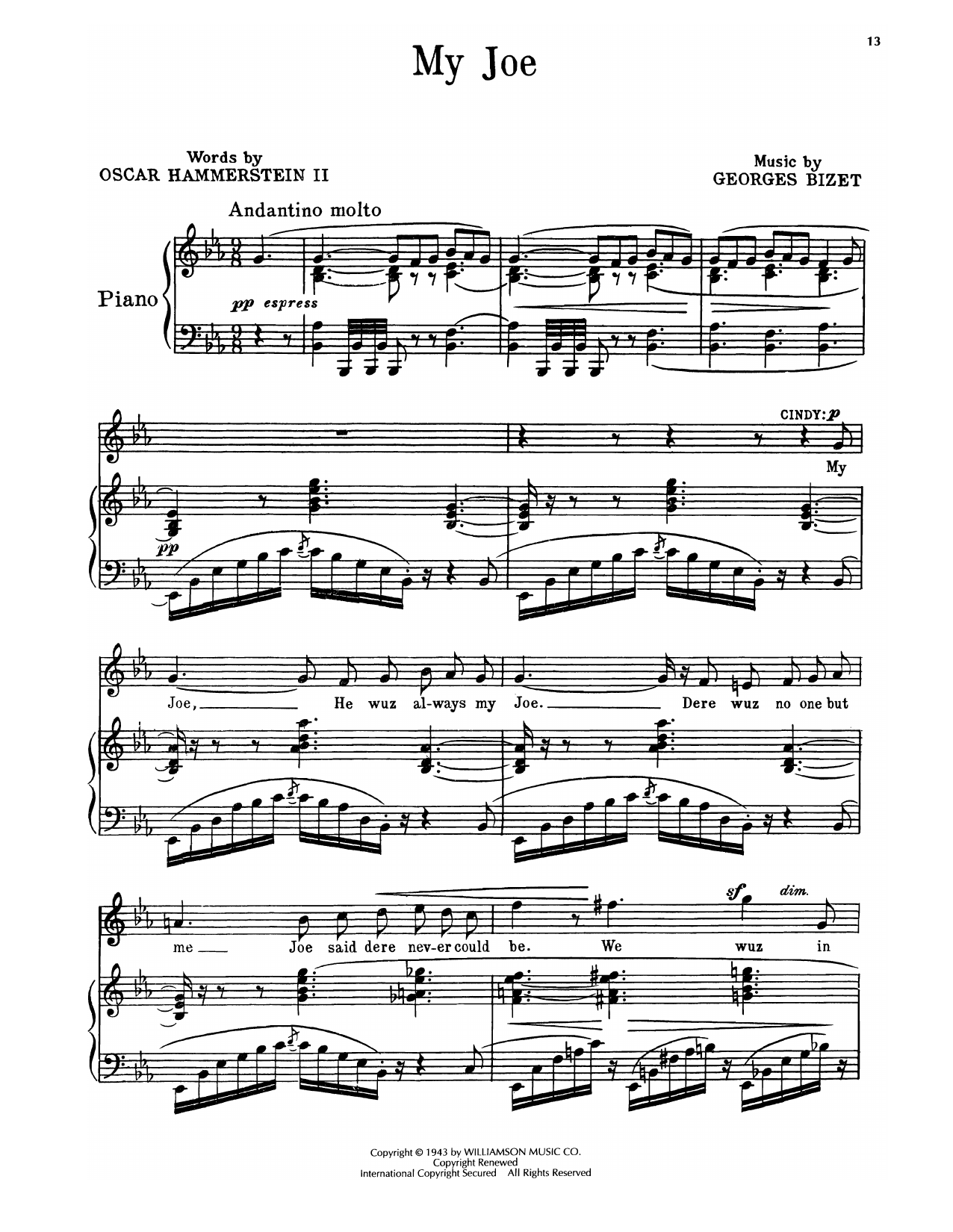 Oscar Hammerstein II & Georges Bizet My Joe (from Carmen Jones) Sheet Music Notes & Chords for Piano, Vocal & Guitar Chords (Right-Hand Melody) - Download or Print PDF