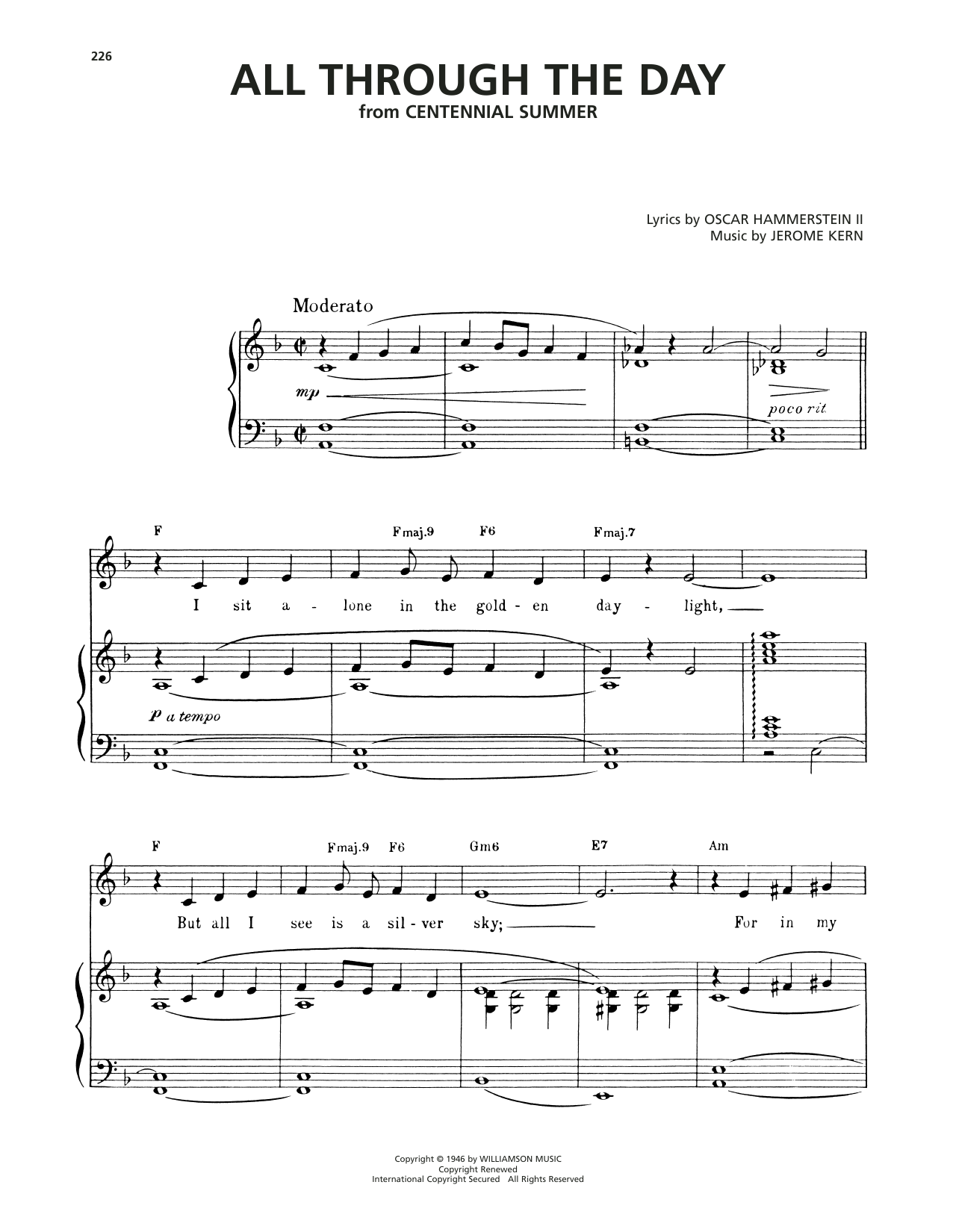 Oscar Hammerstein II & Jerome Kern All Through The Day (from Centennial Summer) Sheet Music Notes & Chords for Piano, Vocal & Guitar Chords (Right-Hand Melody) - Download or Print PDF