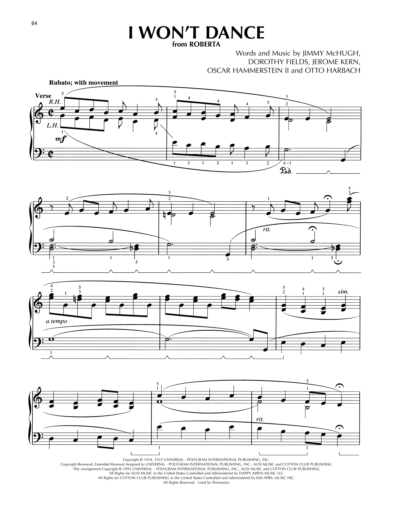 Oscar Hammerstein II & Jerome Kern I Won't Dance (from Roberta) (arr. Lee Evans) Sheet Music Notes & Chords for Piano Solo - Download or Print PDF