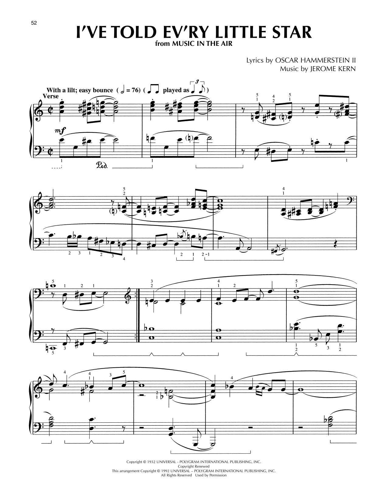Oscar Hammerstein II & Jerome Kern I've Told Ev'ry Little Star (from Music In The Air) (arr. Lee Evans) Sheet Music Notes & Chords for Piano Solo - Download or Print PDF