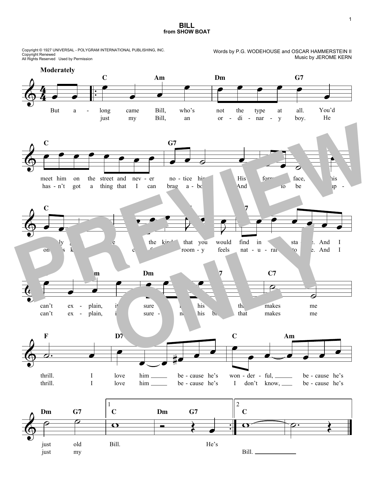 Oscar Hammerstein II Bill Sheet Music Notes & Chords for Melody Line, Lyrics & Chords - Download or Print PDF