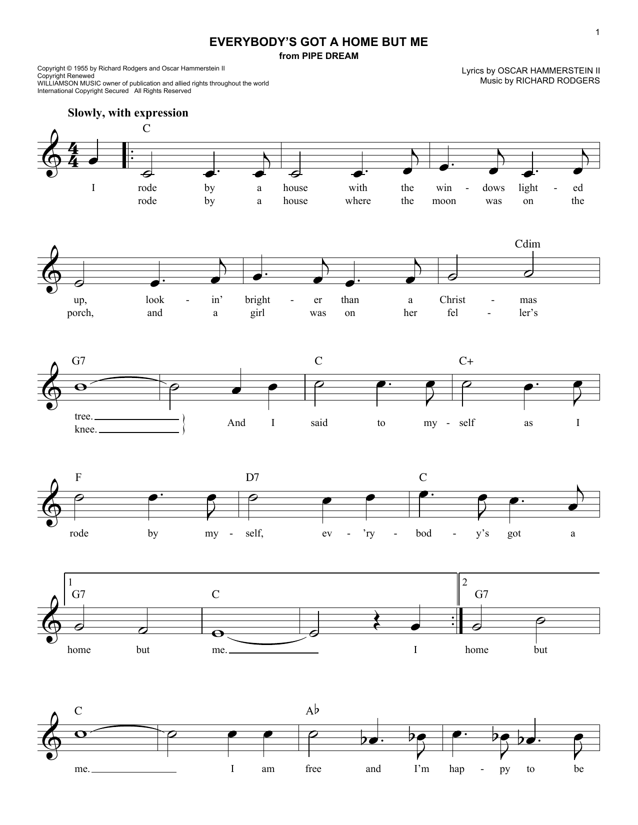 Oscar Hammerstein II Everybody's Got A Home But Me Sheet Music Notes & Chords for Melody Line, Lyrics & Chords - Download or Print PDF