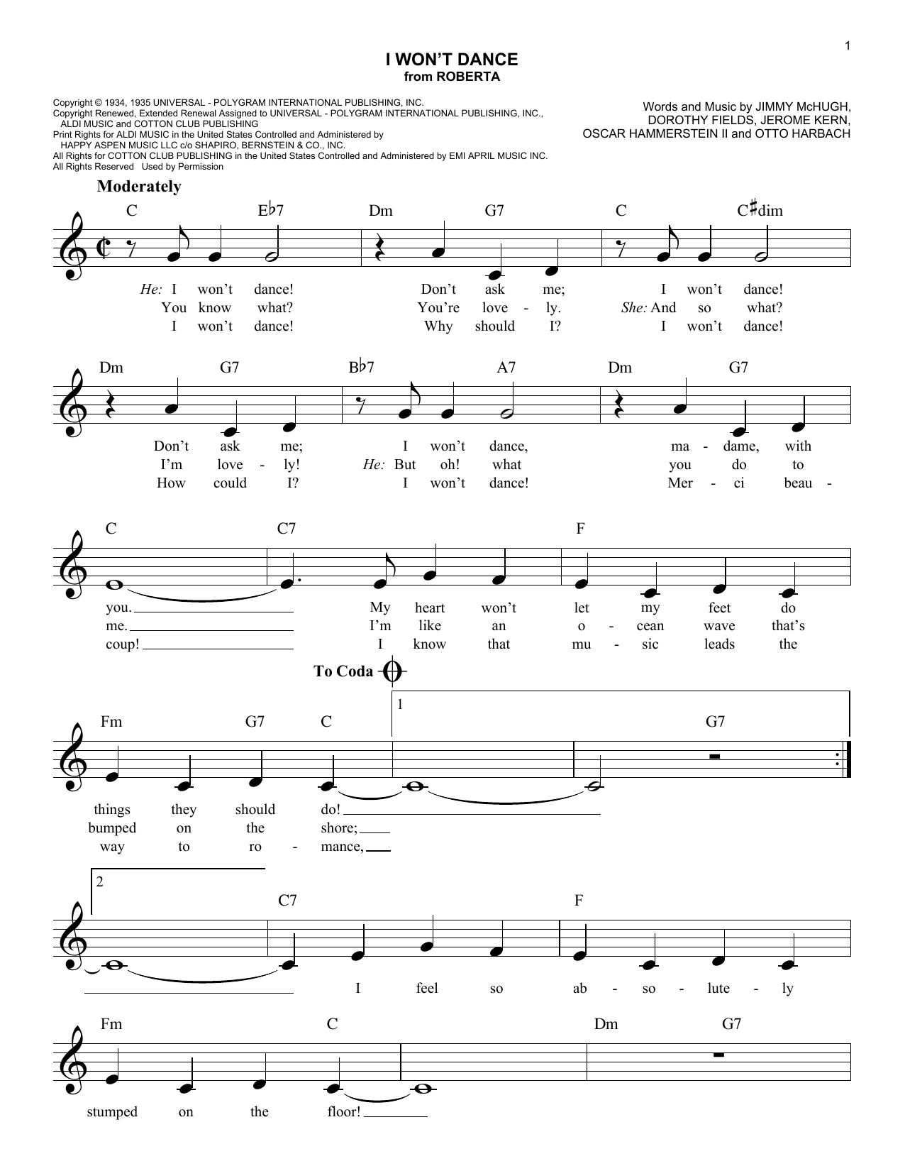 Oscar Hammerstein II I Won't Dance Sheet Music Notes & Chords for Lead Sheet / Fake Book - Download or Print PDF