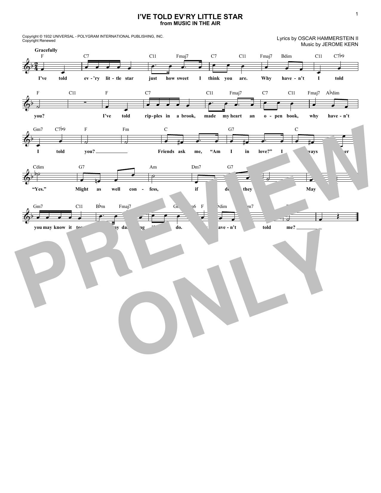 Oscar Hammerstein II I've Told Ev'ry Little Star Sheet Music Notes & Chords for Melody Line, Lyrics & Chords - Download or Print PDF