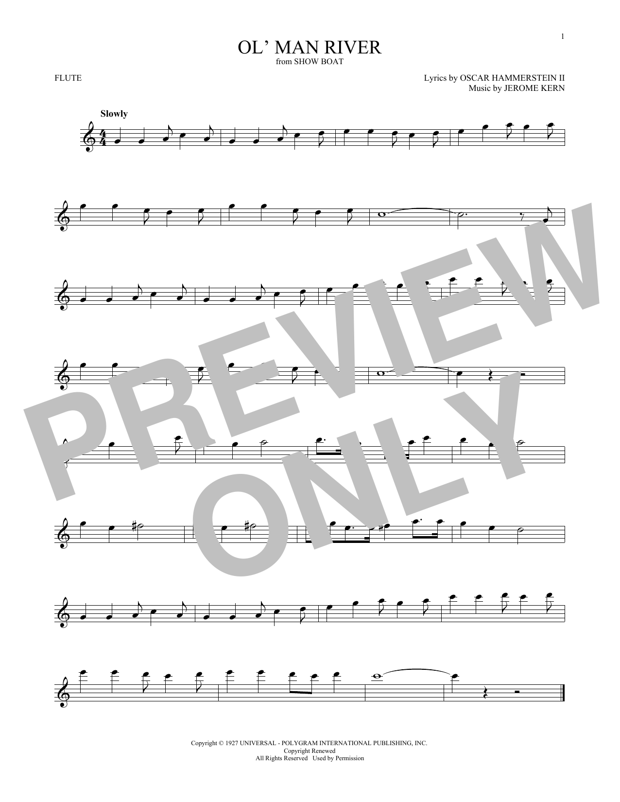 Oscar Hammerstein II Ol' Man River Sheet Music Notes & Chords for Flute - Download or Print PDF