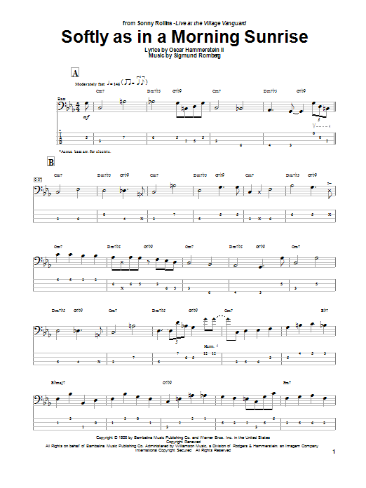Oscar Hammerstein II Softly As In A Morning Sunrise Sheet Music Notes & Chords for Bass Guitar Tab - Download or Print PDF