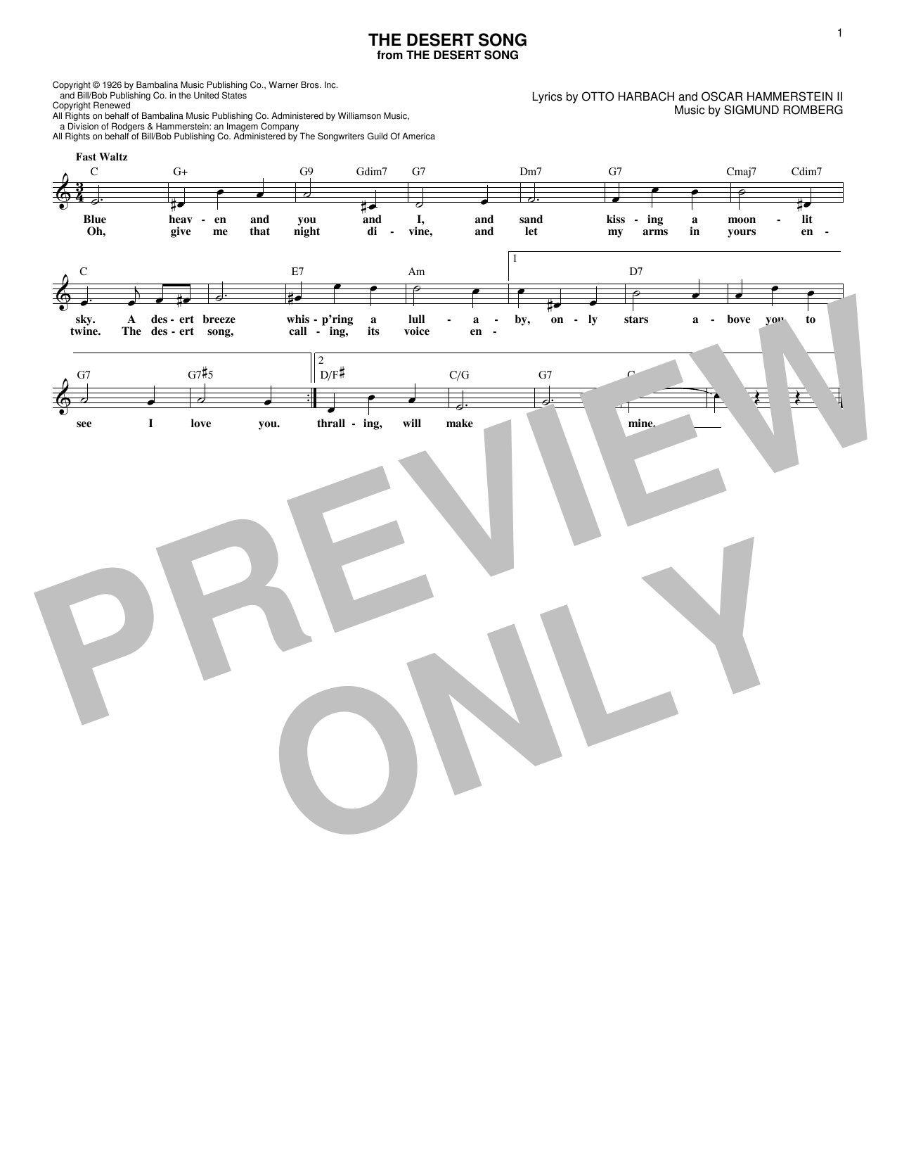 Oscar Hammerstein II The Desert Song Sheet Music Notes & Chords for Melody Line, Lyrics & Chords - Download or Print PDF