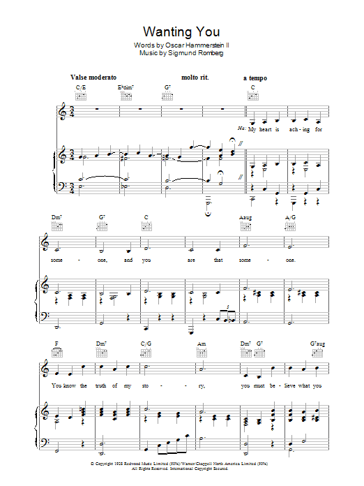 Oscar Hammerstein II Wanting You Sheet Music Notes & Chords for Piano, Vocal & Guitar (Right-Hand Melody) - Download or Print PDF