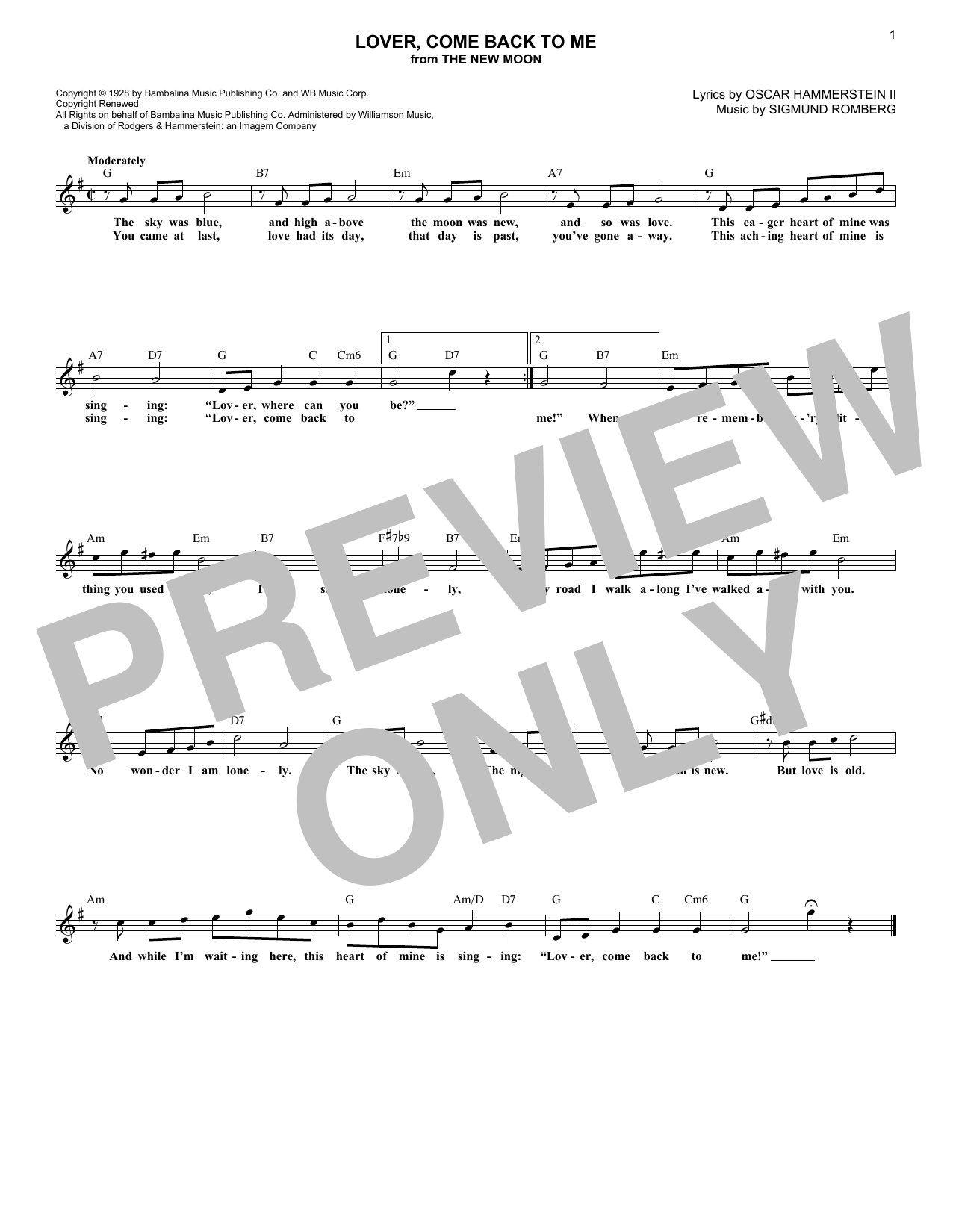 Oscar Hammerstein II Lover, Come Back To Me Sheet Music Notes & Chords for Melody Line, Lyrics & Chords - Download or Print PDF