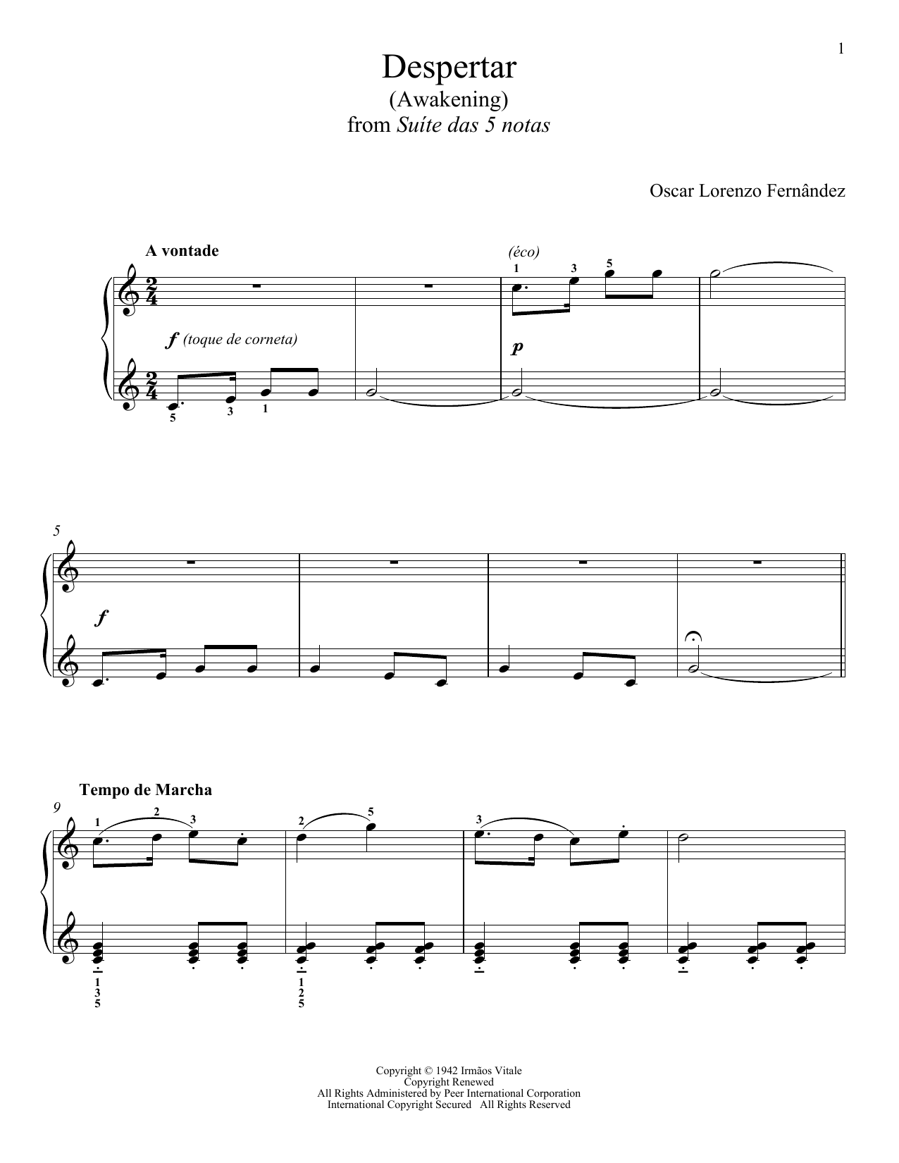 OSCAR LORENZO FERNANDEZ Despertar Sheet Music Notes & Chords for Piano Solo - Download or Print PDF