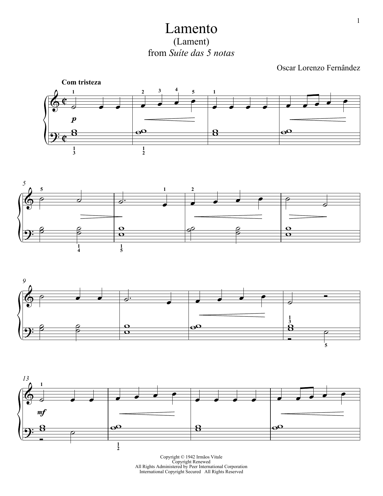 OSCAR LORENZO FERNANDEZ Lamento Sheet Music Notes & Chords for Piano Solo - Download or Print PDF