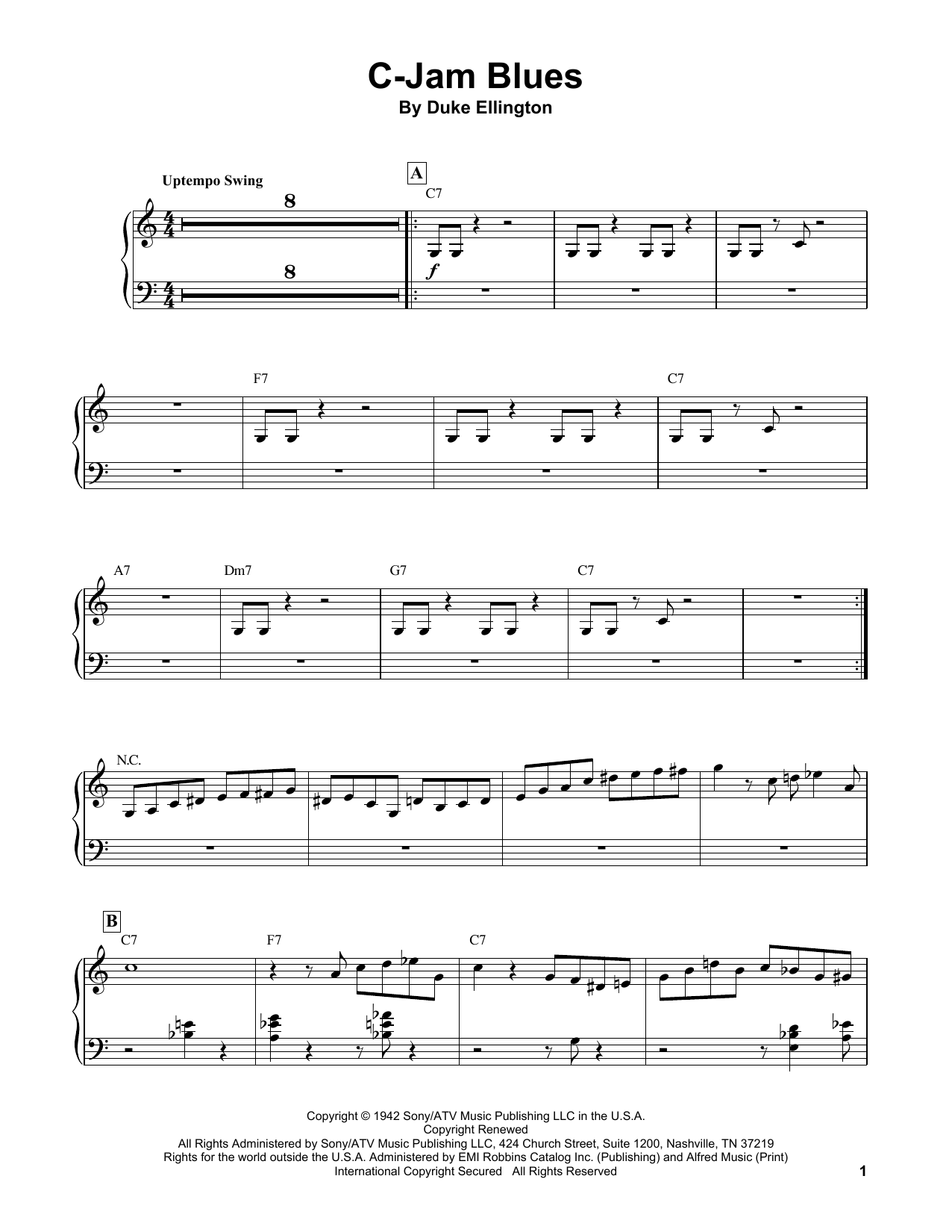 Oscar Peterson C-Jam Blues Sheet Music Notes & Chords for Piano Transcription - Download or Print PDF