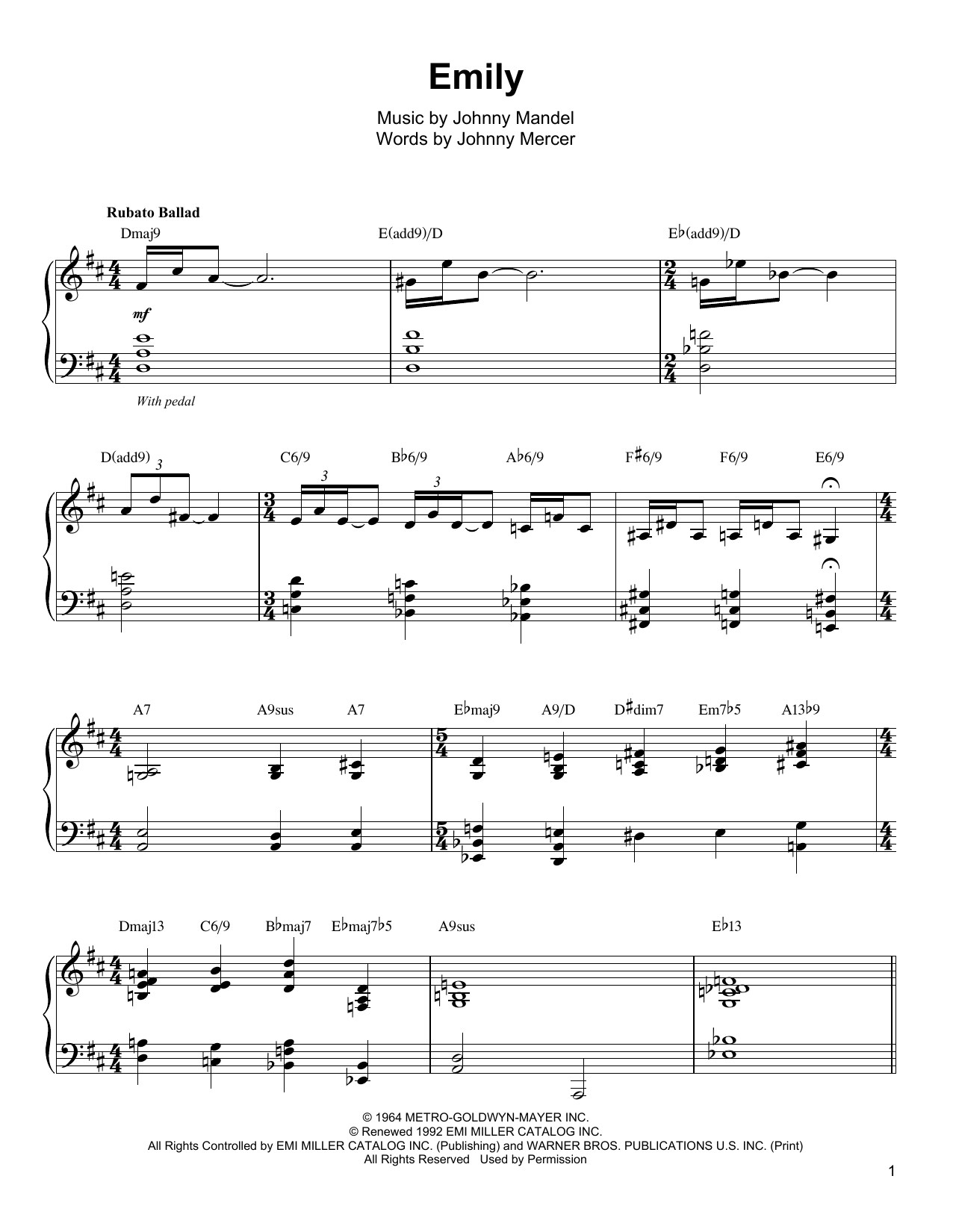 Oscar Peterson Emily Sheet Music Notes & Chords for Piano Transcription - Download or Print PDF