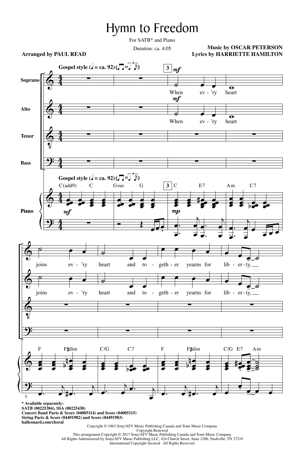 Oscar Peterson Hymn To Freedom (arr. Paul Read) Sheet Music Notes & Chords for SATB - Download or Print PDF