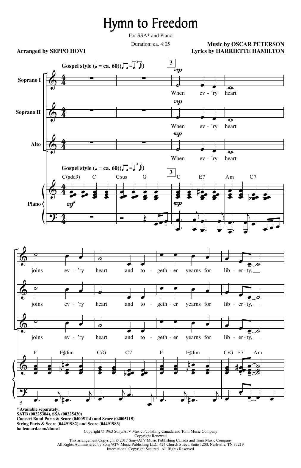 Oscar Peterson Hymn To Freedom (arr. Seppo Hovi) Sheet Music Notes & Chords for SSA - Download or Print PDF