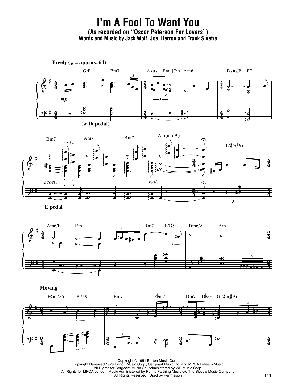 Oscar Peterson I'm A Fool To Want You Sheet Music Notes & Chords for Piano Transcription - Download or Print PDF