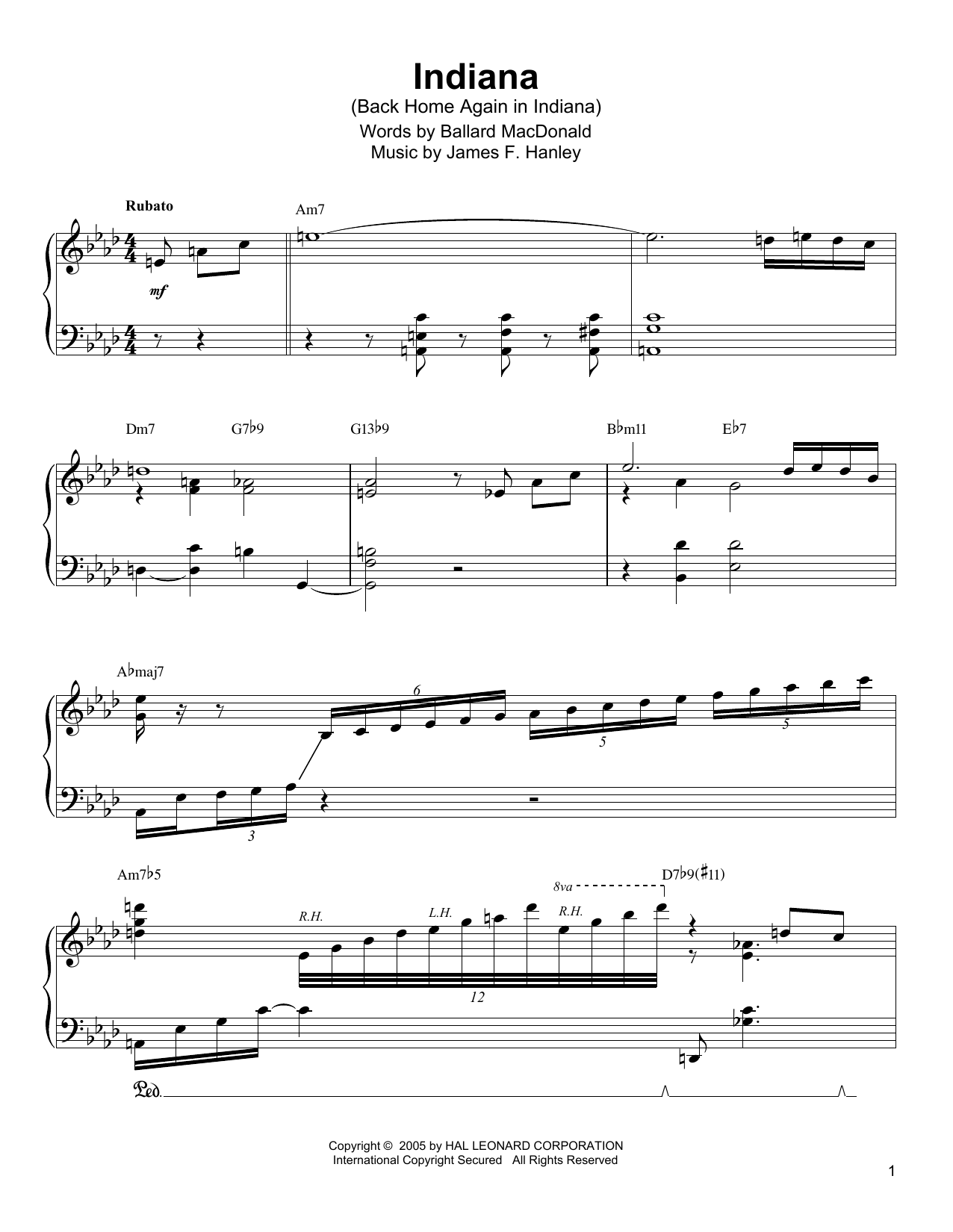 Oscar Peterson Indiana (Back Home Again In Indiana) Sheet Music Notes & Chords for Piano Transcription - Download or Print PDF
