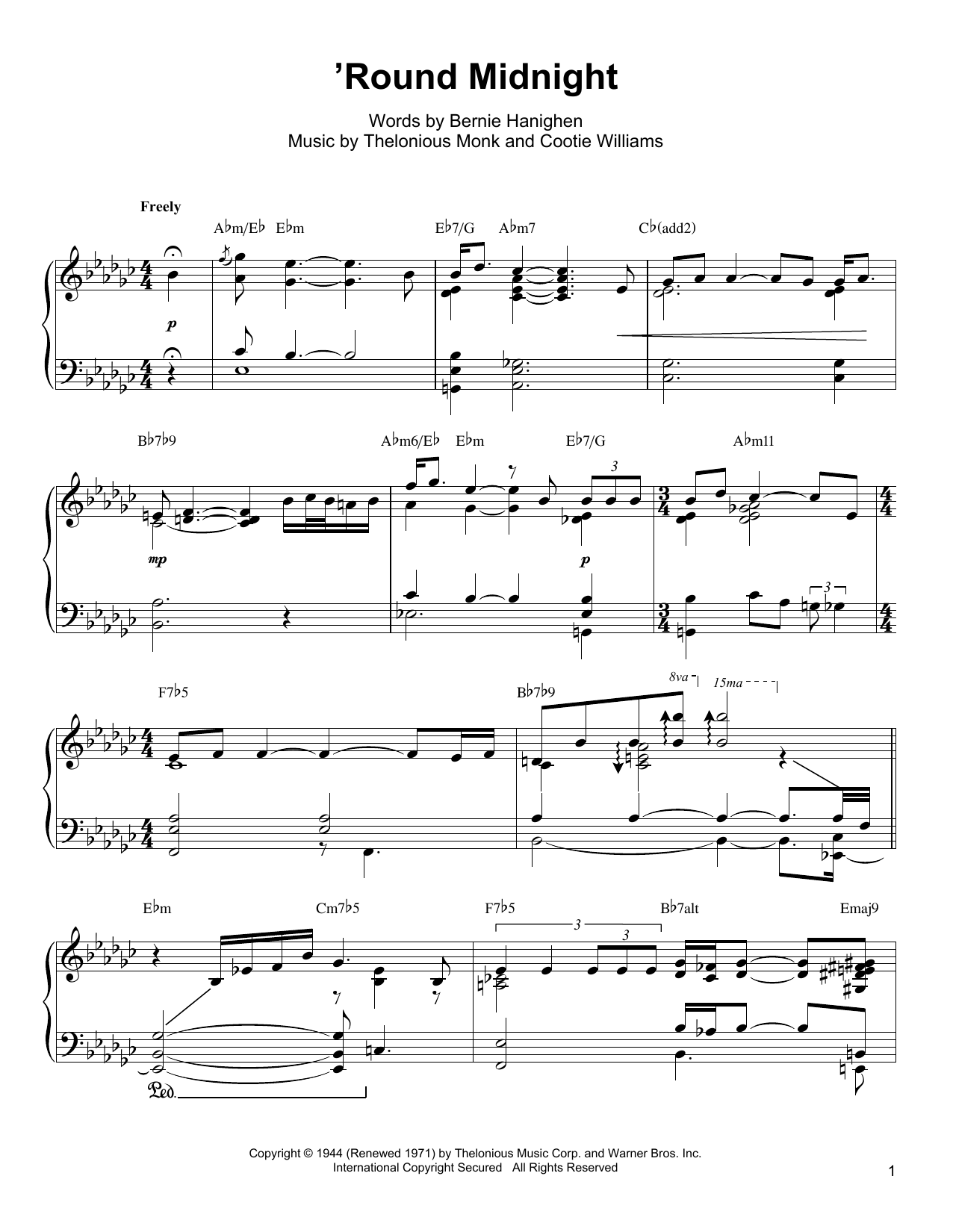 Oscar Peterson 'Round Midnight Sheet Music Notes & Chords for Piano Transcription - Download or Print PDF