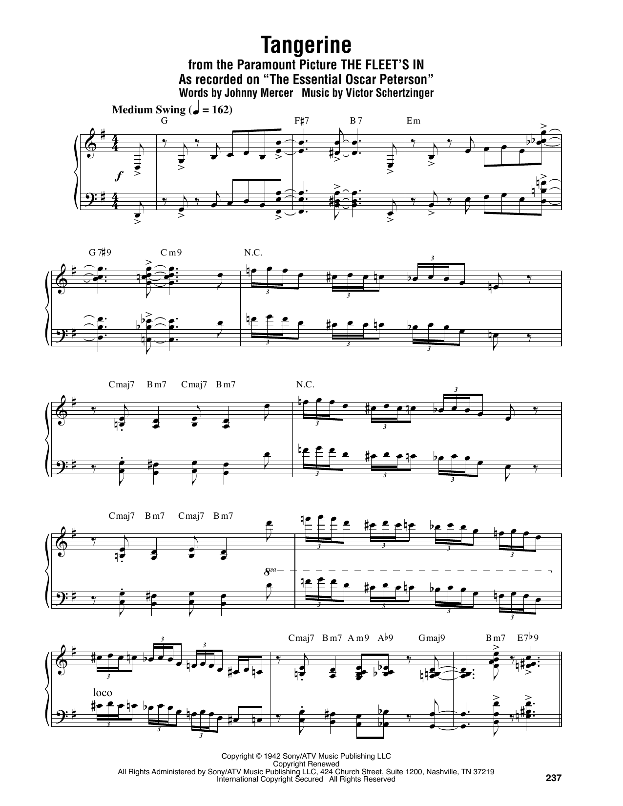 Oscar Peterson Tangerine Sheet Music Notes & Chords for Piano Transcription - Download or Print PDF