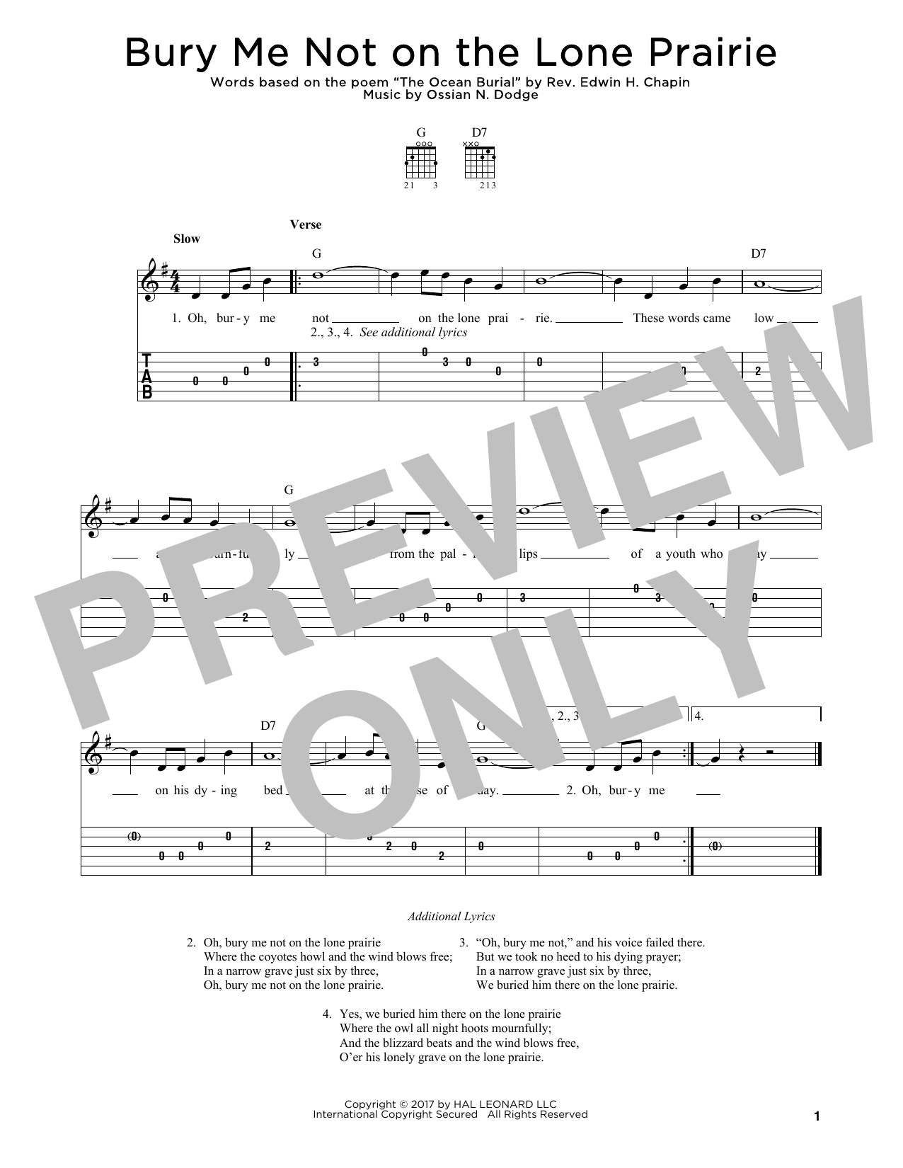 Ossian N. Dodge Bury Me Not On The Lone Prairie Sheet Music Notes & Chords for Guitar Tab - Download or Print PDF