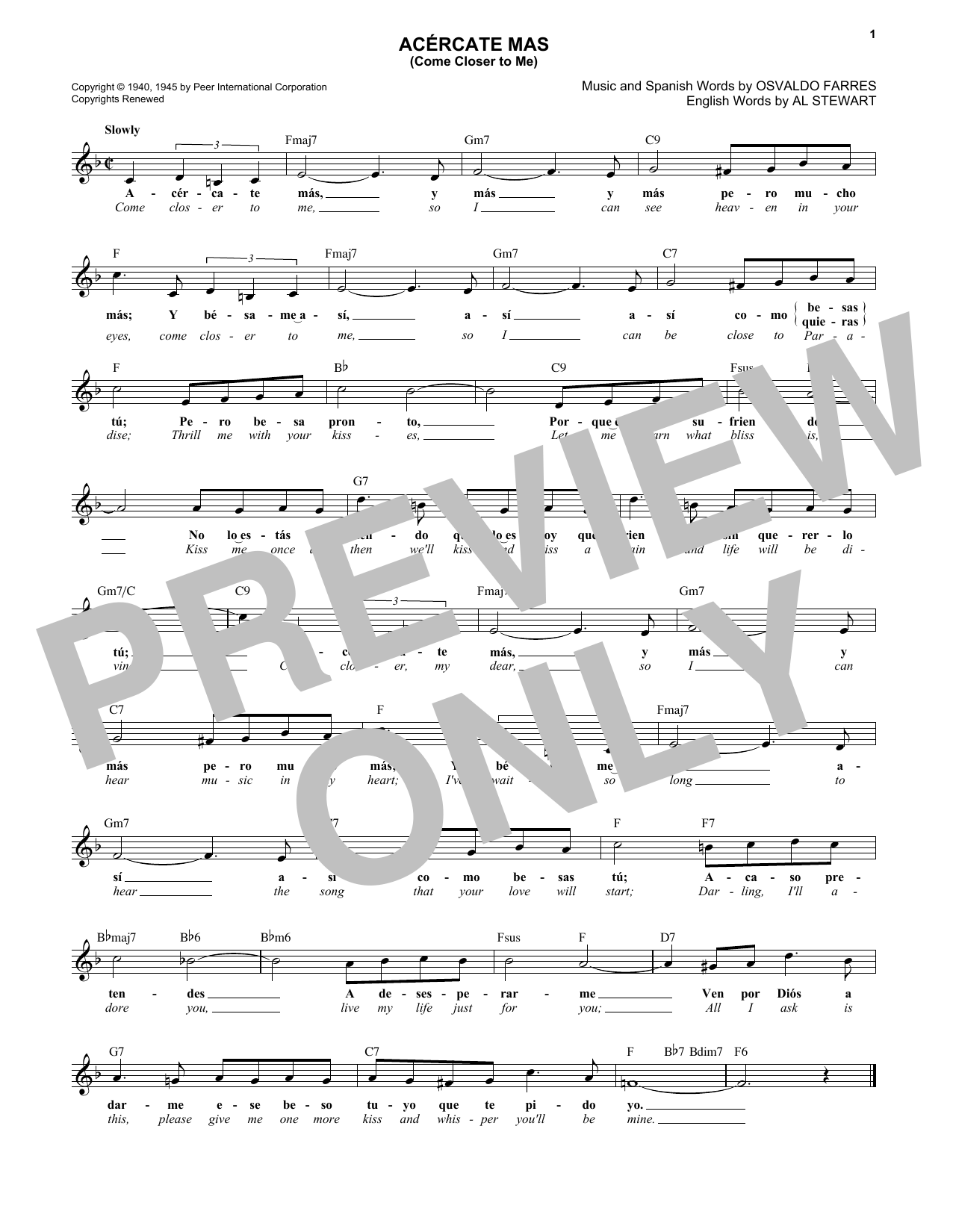 Osvaldo Farrés Acercate Más (Come Closer To Me) Sheet Music Notes & Chords for Piano, Vocal & Guitar Chords (Right-Hand Melody) - Download or Print PDF