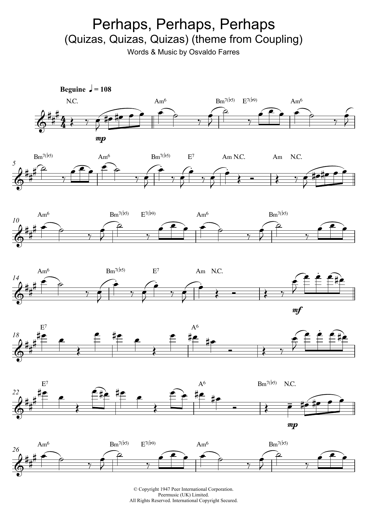 Osvaldo Farres Perhaps, Perhaps, Perhaps (Quizas, Quizas, Quizas) Sheet Music Notes & Chords for Guitar Chords/Lyrics - Download or Print PDF