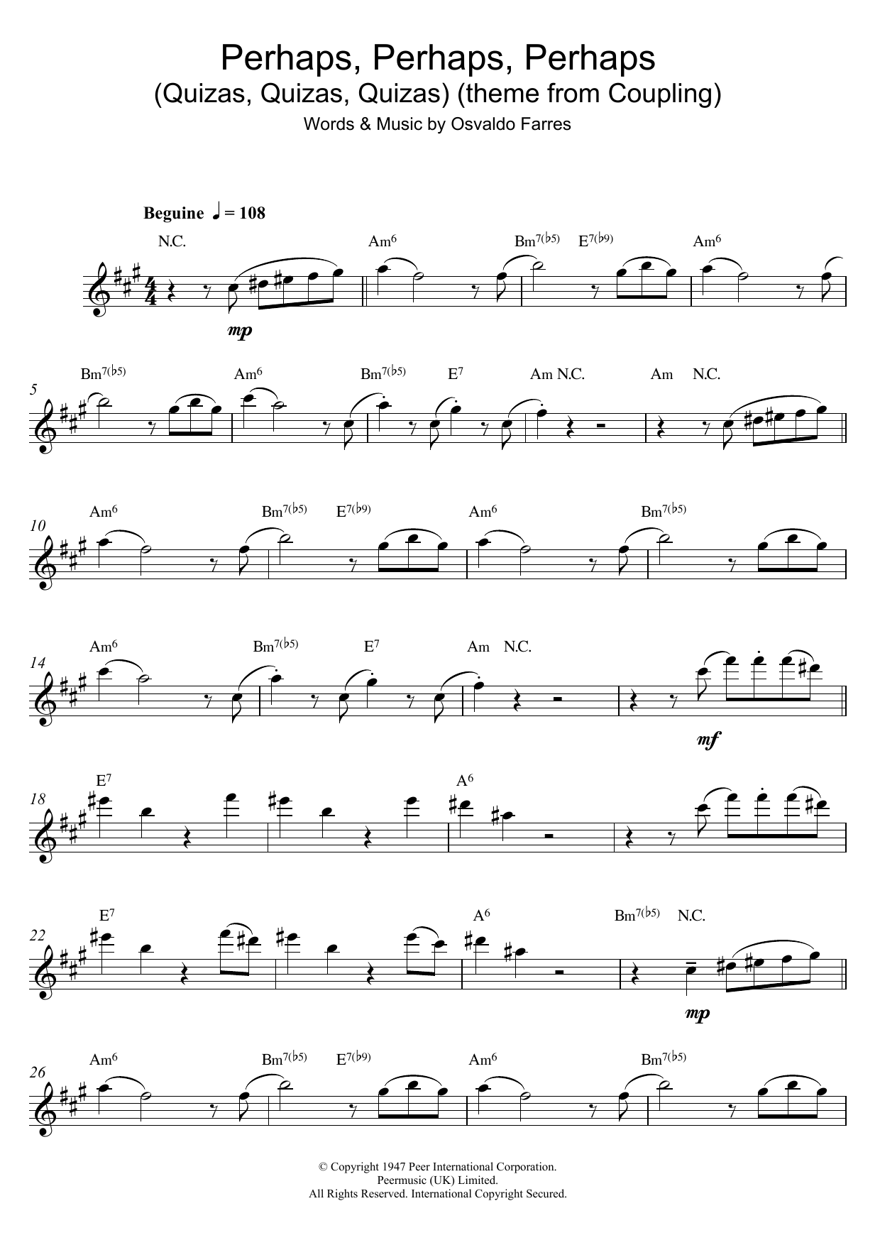 Osvaldo Farres Perhaps, Perhaps, Perhaps (Quizas, Quizas, Quizas) Sheet Music Notes & Chords for Flute - Download or Print PDF