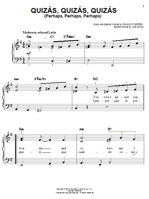 Osvaldo Farres Quizas, Quizas, Quizas (Perhaps, Perhaps, Perhaps) Sheet Music Notes & Chords for Lyrics & Chords - Download or Print PDF