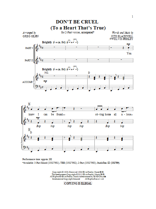 Otis Blackwell Don't Be Cruel (To A Heart That's True) Sheet Music Notes & Chords for 2-Part Choir - Download or Print PDF