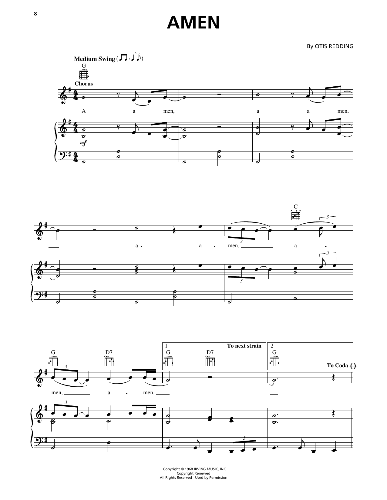 Otis Redding Amen Sheet Music Notes & Chords for Piano, Vocal & Guitar Chords (Right-Hand Melody) - Download or Print PDF Otis Redding Amen Sheet Music Notes & Chords for Piano, Vocal & Guitar Chords (Right-Hand Melody) - Download or Print PDF