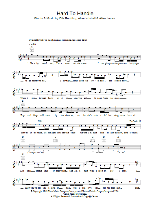 Otis Redding Hard To Handle Sheet Music Notes & Chords for Lyrics & Chords - Download or Print PDF