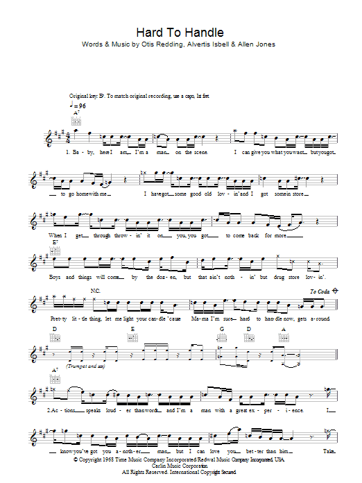 Otis Redding Hard To Handle Sheet Music Notes & Chords for Melody Line, Lyrics & Chords - Download or Print PDF