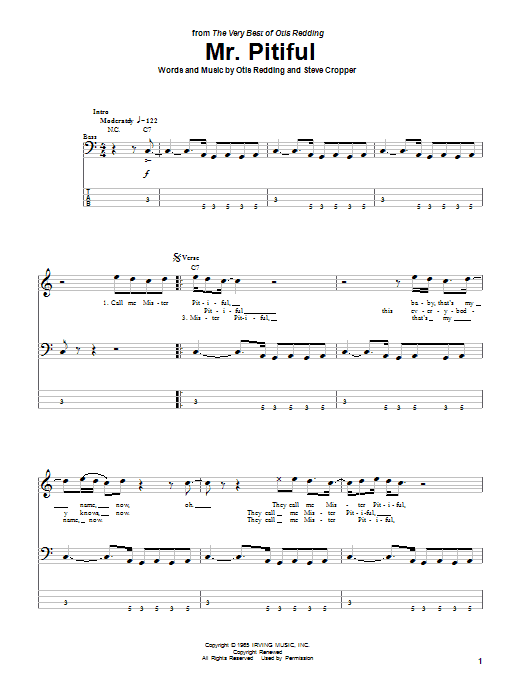 Otis Redding Mr. Pitiful Sheet Music Notes & Chords for Bass Guitar Tab - Download or Print PDF