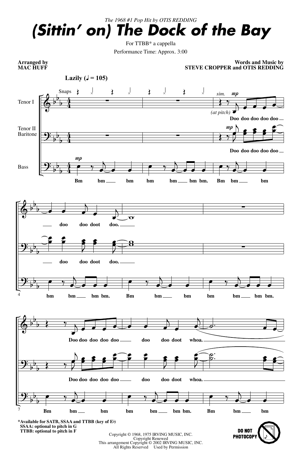 Otis Redding (Sittin' On) The Dock Of The Bay (arr. Mac Huff) Sheet Music Notes & Chords for TTBB Choir - Download or Print PDF