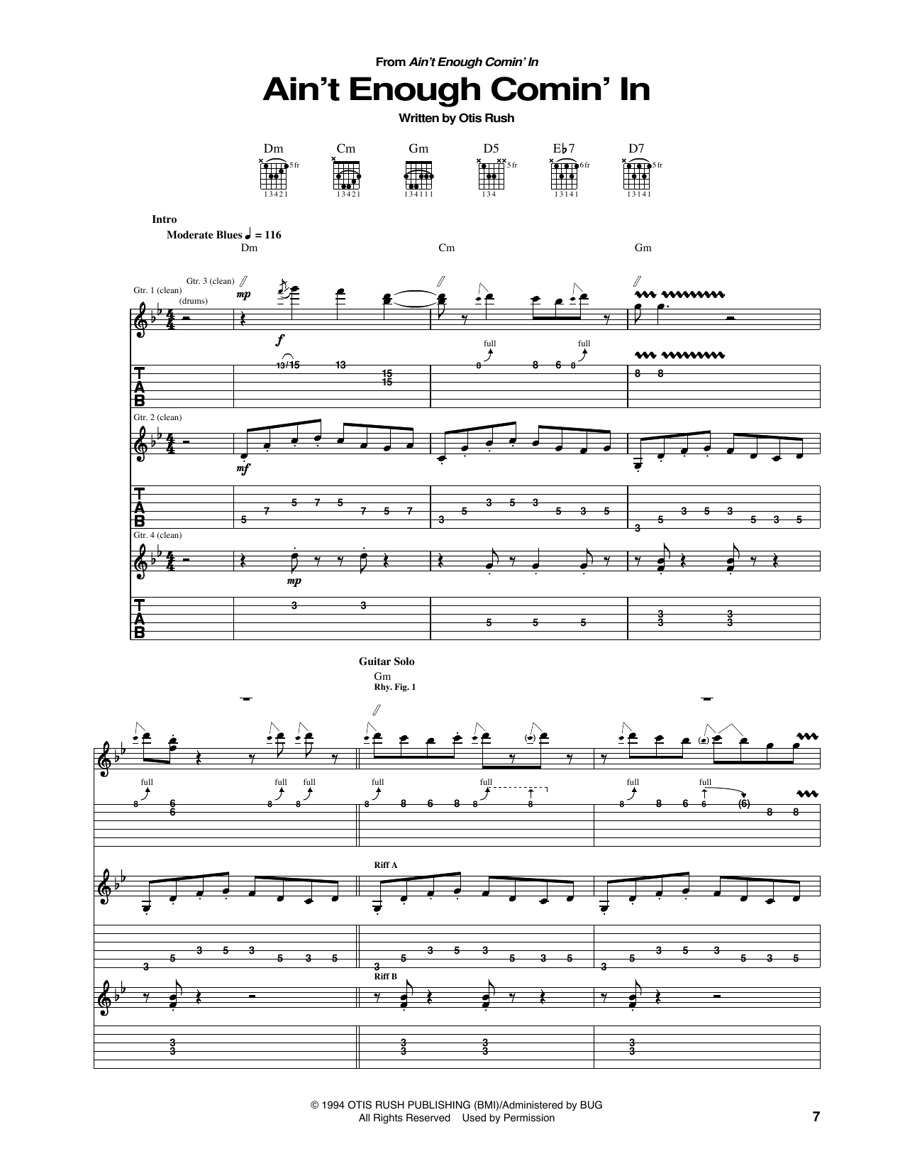 Otis Rush Ain't Enough Comin' In Sheet Music Notes & Chords for Guitar Tab - Download or Print PDF