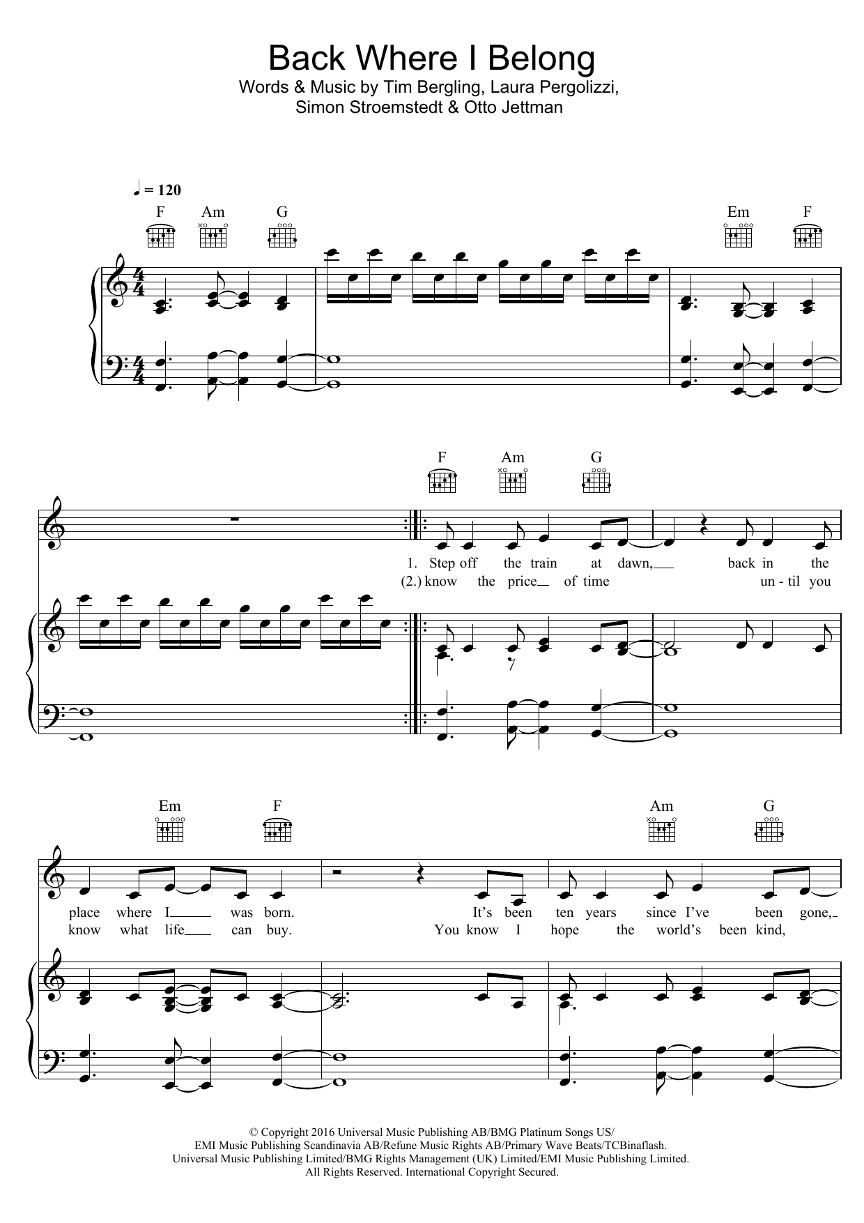 Otto Knows Back Where I Belong (featuring Avicii) Sheet Music Notes & Chords for Piano, Vocal & Guitar (Right-Hand Melody) - Download or Print PDF