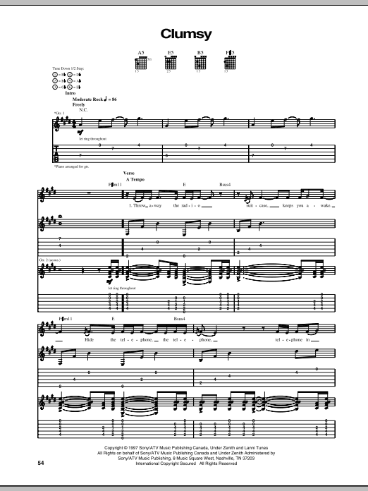 Our Lady Peace Clumsy Sheet Music Notes & Chords for Guitar Tab - Download or Print PDF