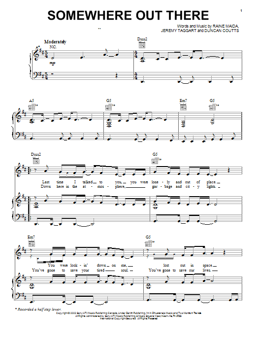 Our Lady Peace Somewhere Out There Sheet Music Notes & Chords for Piano, Vocal & Guitar (Right-Hand Melody) - Download or Print PDF